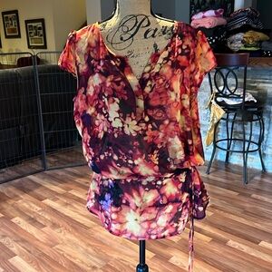 Size XL orange floral sheer drawstring waist top